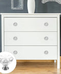 Hella Bright Acrylic Drawer Knobs 6 Pack Single Hole Cabinet Pulls on a modern white dresser surface.