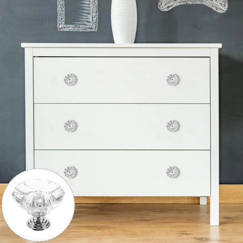 Hella Bright Acrylic Drawer Knobs 6 Pack Single Hole Cabinet Pulls on a modern white dresser surface.