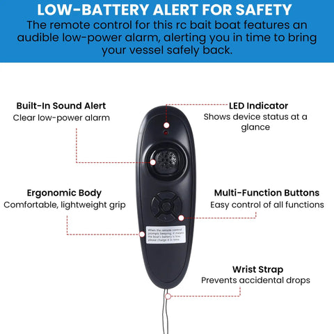 Remote control for RC Bait Boat With 2.4G Remote featuring ergonomic design, LED indicator, and wrist strap for easy use.