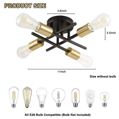 Diagram showing dimensions of Dope Semi Flush Mount Ceiling Light Fixture Four Light Modern Gold And Black Brushed Metal Sputnik Chandelier.