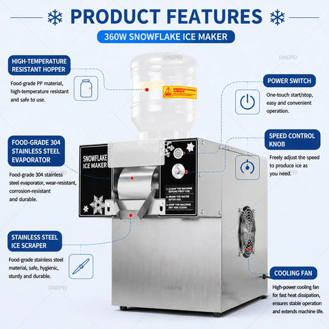 Heavy Duty Commercial Fluffy Ice Maker And Quick Chill Shaved Ice Machine For Desserts Smoothies includes 360W stainless steel features.