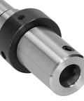 Close-up of annular cutter arbor for drill press MT3 to 3/4-in Weldon shank; silver body with black flange