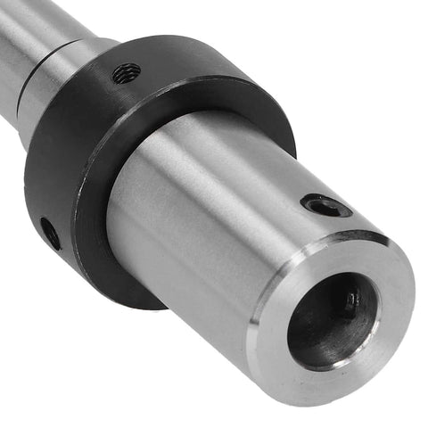 Close-up of annular cutter arbor for drill press MT3 to 3/4-in Weldon shank; silver body with black flange