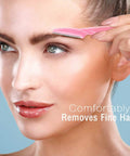 Woman using Top Shelf Dermaplane Razor Blade Refills for ultra smooth face shaving and gentle exfoliation.