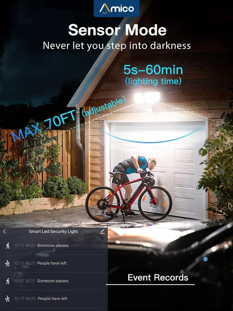 Smart Outdoor LED Motion Sensor Flood Lights With Dual 2-Head Design illuminating garage at night, cyclist passing by.