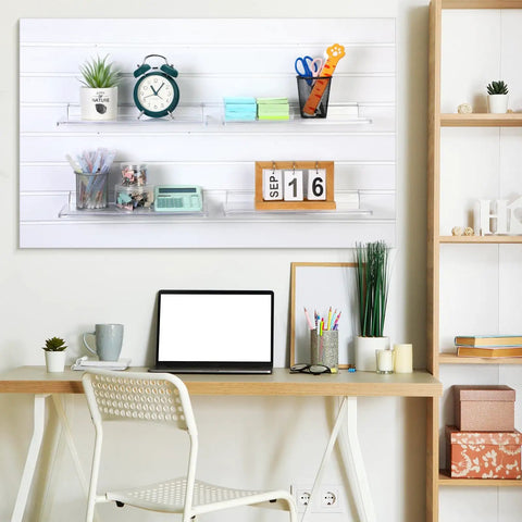 Four Pack Slatwall Shelves 14.5 By 5.9 Inches Dope Durable Plastic Floating Wall Mount Shelves with office supplies