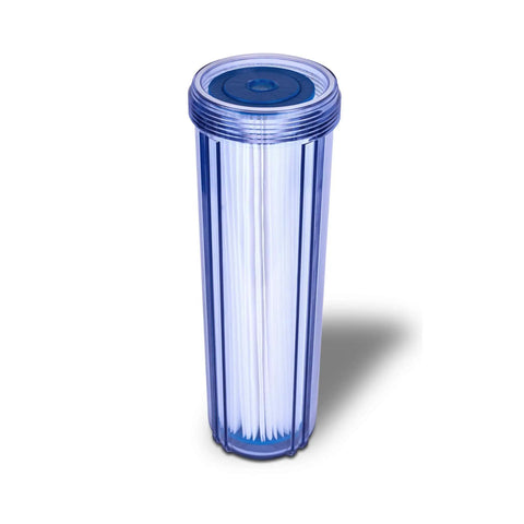 Heavy Duty High Flow Whole House Water Filter System With Transparent 20 By 4.5 Inch Housing, Pressure Relief Button, 1 Inch Inlet And Outlet Brass Ports, 5 Mic Pleated Washable Sediment Cartridge, Meets NSF Standards