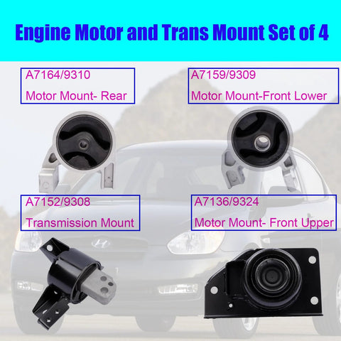 Hyundai Accent Kia Rio Rio5 Engine And Transmission Motor Mount Set Of Four 1 6L L4 Replacement OE Direct Fit A7159 9309 A7152 9308 A7136 9324 Fits 2006 To 2011 Models, featuring four motor mounts on display.