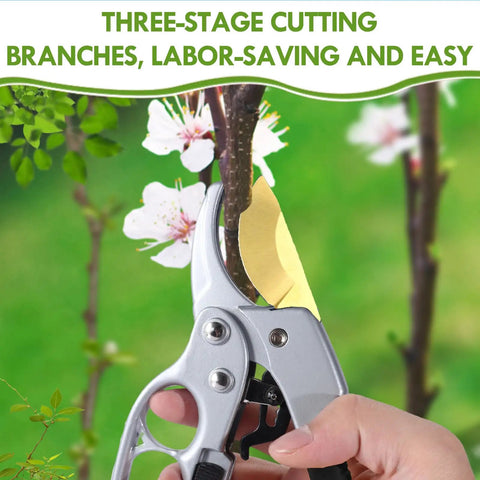 Ratcheting Garden Pruners For Easy Pruning Of Roses Flowers Hedges And Trees With Germany Titanium Blades in use on a branch