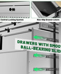 72 Inch Heavy Duty Tool Chest And Rolling Workbench With 15 Drawers showing drawer liners and ball-bearing slides.