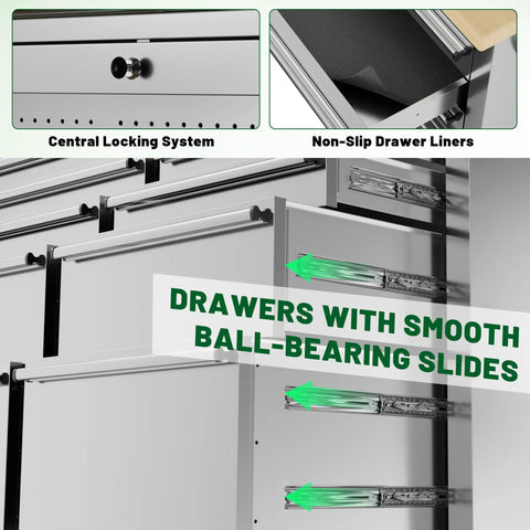 72 Inch Heavy Duty Tool Chest And Rolling Workbench With 15 Drawers showing drawer liners and ball-bearing slides.