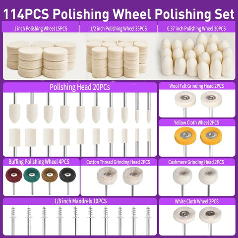 Polishing Bits and Buffing Wheels Kit for Rotary Tool With 114 Piece Set and One Eighth Inch Shank Includes Three Polishing Compounds Pro Grade overview