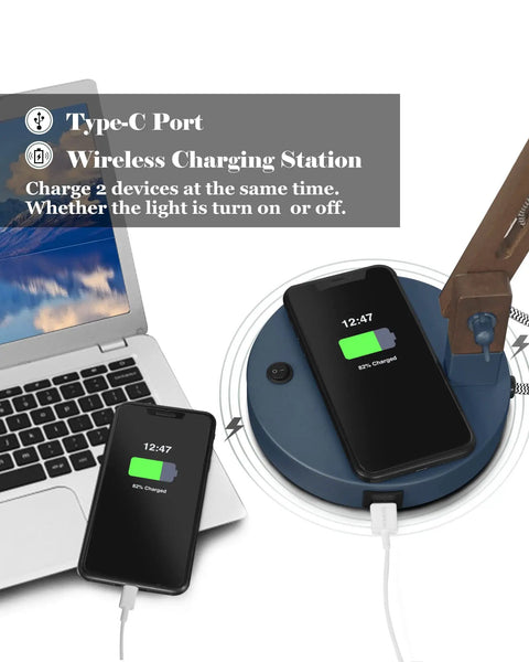 Charging base of Sapele Wood Desk Lamp With Upgraded Wireless Charger And USB C Port Swing Arm Reading Light in Dope Blue Finish