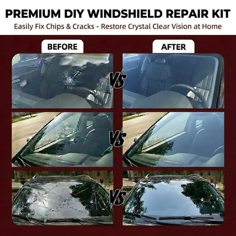 Before and after images of car windshield using Windshield Repair Kit With Nano Glass Repair Liquid For Car Windows DIY Auto Glass Restoration Tool To Fix Bullseye And Star Shaped Cracks UV Curing Resin Included Quick Chip Repair.