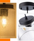 Industrial Mini Pendant Light Set With Bubble Seeded Glass Hanging Light Fixture For Kitchen Island Over Sink And Dining Room, Black Finish, 3-Pack Bundle showing close-up of glass and fixture details.