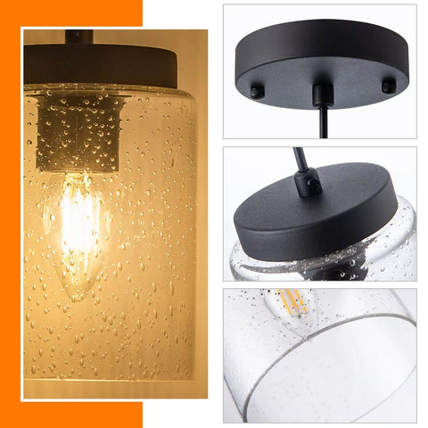 Industrial Mini Pendant Light Set With Bubble Seeded Glass Hanging Light Fixture For Kitchen Island Over Sink And Dining Room, Black Finish, 3-Pack Bundle showing close-up of glass and fixture details.
