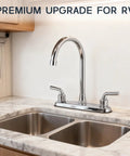 Heavy Duty All Metal RV Kitchen Faucet With Chrome Finish Zero Leak Drama Smooth Water Flow Anti Splash Handle Built Tough For Camper Rig And Road Trip on a marble countertop.