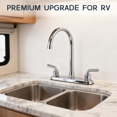 Heavy Duty All Metal RV Kitchen Faucet With Chrome Finish Zero Leak Drama Smooth Water Flow Anti Splash Handle Built Tough For Camper Rig And Road Trip on a marble countertop.