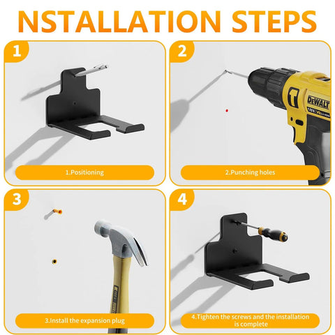 Illustrated installation steps for Garage Wall Mounted Storage Rack For Tools And Lawn Equipment Heavy Duty Tool Hanger
