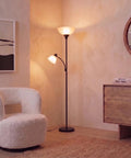 Sky Dome Plus LED Floor Lamp Torchiere With Reading Arm Two LED Bulbs Deliver 3000K Warm White Super Bright Ambient Mood Lighting in a cozy living room corner