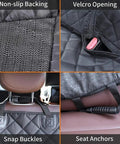 Dog Car Seat Cover for Back Seat Waterproof Nonslip Bench Protector for Cars Trucks and SUVs showing velcro openings and anchors