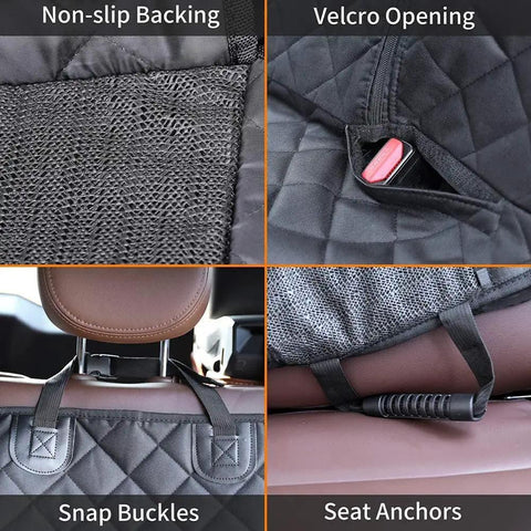 Dog Car Seat Cover for Back Seat Waterproof Nonslip Bench Protector for Cars Trucks and SUVs showing velcro openings and anchors