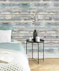 Room with blue rustic wood peel and stick wallpaper for walls and furniture self adhesive vinyl plank removable and easy to clean