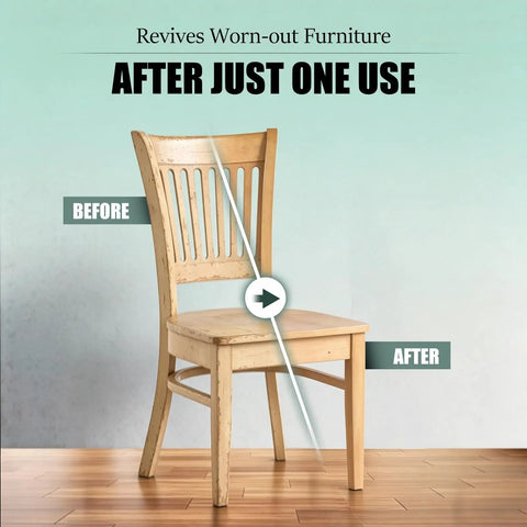 Ultimate Fix For Dry Leather And Scratched Wood shows a wooden chair restored from worn-out to revived, before and after use.