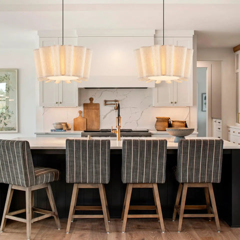 Modern Black Finish Pendant Light Fixture With Off White Fabric Drum Shade Four Light Chandelier For Bedroom Dining Room Corridor And Living Room With Elegant Look Great For Entryways And Hallways