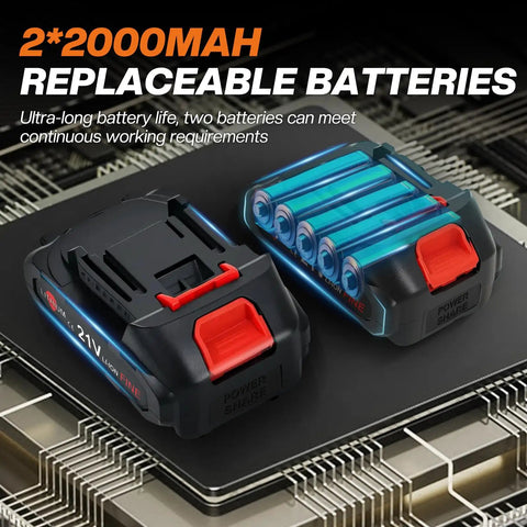 Cordless Electric Grease Gun Kit With Dual 2.0Ah Batteries And Bright LED Light, showing replaceable 21V 2000mAh batteries.