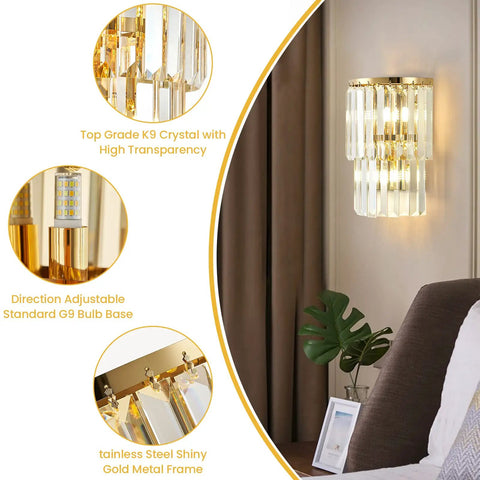 Two Light Crystal Wall Light With K9 Crystals And Gold Stainless Steel Frame Modern Bedside Wall Sconce shown in a bedroom.