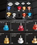 Cooling System Radiator Coolant Pressure Leak Tester Manual Hand Pump Gauge 14 Piece with various aluminum adapters.