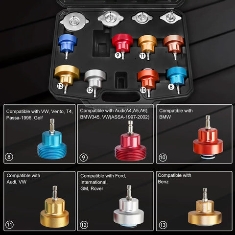 Cooling System Radiator Coolant Pressure Leak Tester Manual Hand Pump Gauge 14 Piece with various aluminum adapters.