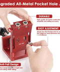 Close-up of red all-metal pocket hole jig being adjusted, showing durable construction and anti-fall design features.