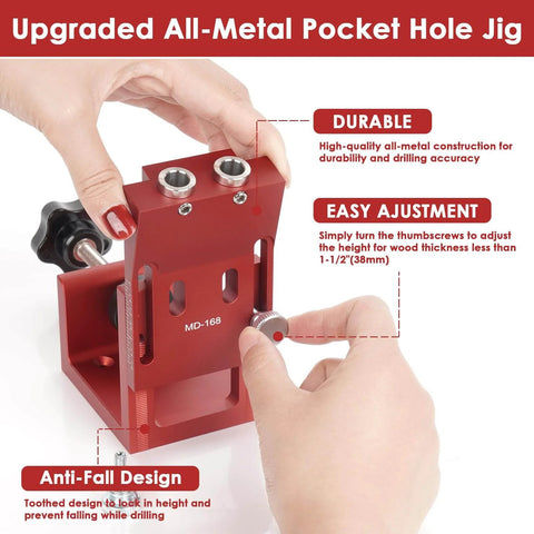 Close-up of red all-metal pocket hole jig being adjusted, showing durable construction and anti-fall design features.