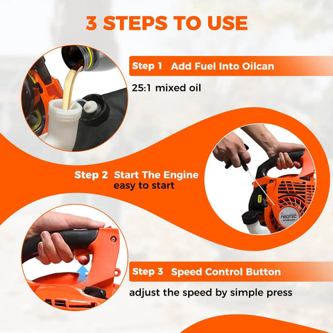 Beast Power 25.4cc Gas Leaf Blower usage steps with 432 CFM airflow and 180 MPH wind, shows oil filling, engine start, and speed control.
