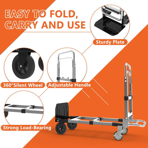 Straight Up Three In One Folding Hand Truck, 500 Lb Steel Heavy Duty Dolly, No Sweat Four Wheel Platform Converter, Boss Grade Moving Cart Built For Daily Grind And Smooth Hauling Workloads