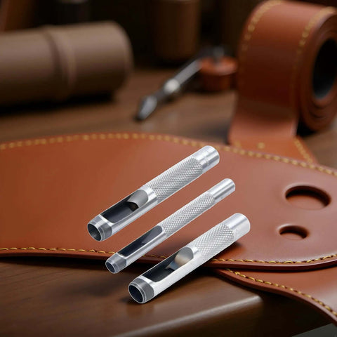 Pro Grade Leather Punch Set With Steel Hollow Punches, featuring three grommet sizes on leather backdrop