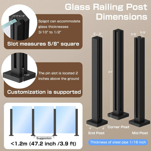 Stainless Steel Black Glass Railing Post With Internal Slot Balustrade System For Ten To Twelve Millimeter Glass, Complete Post Kit With Base Plate And Easy Installation For Balcony, Stairs, Deck, Patio, Or Pool