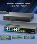 16-port 2.5G Ethernet switch with 2-port 10G SFP for smooth home networking, showing front and back views with port details