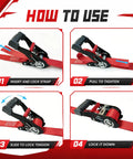 Four Piece Heavy Duty Ratchet Tie Down Straps For Truck And Motorcycle Cargo With Safety Latch Hooks demonstration steps.