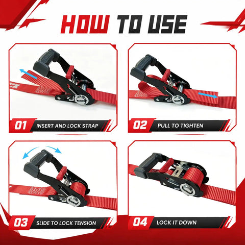 Four Piece Heavy Duty Ratchet Tie Down Straps For Truck And Motorcycle Cargo With Safety Latch Hooks demonstration steps.