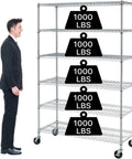 Beefy 6-Tier Wire Shelving Unit With Wheels, 6000 lb Capacity Steel Rack for Garage and Shop, Adjustable NSF Shelves, Black Finish, 48L X 18W X 72H, Quick Snap Assembly No Tools Required, shown with 1000 lb per shelf