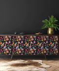 Dark Parrot Floral Peel And Stick Wallpaper 17.7 Inch Wide By 78.7 Inch Long, Vintage Exotic Birds And Flowers Pattern on cabinet