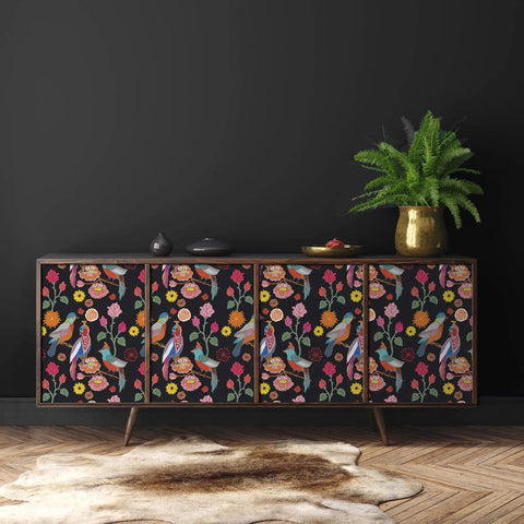 Dark Parrot Floral Peel And Stick Wallpaper 17.7 Inch Wide By 78.7 Inch Long, Vintage Exotic Birds And Flowers Pattern on cabinet