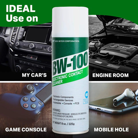 BW-100 non-flammable electronic contact cleaner aerosol can, 8 oz (225 g), white with green label, front view.