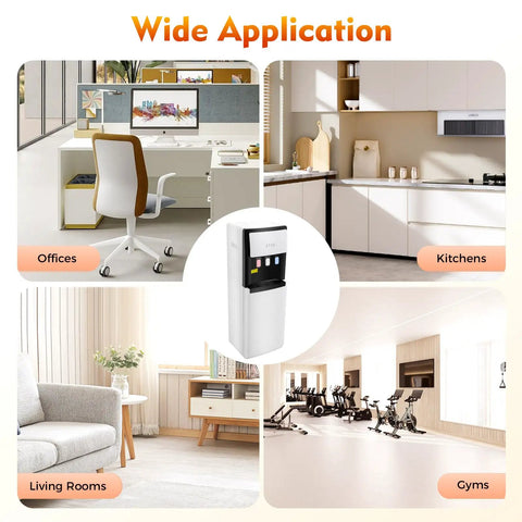 Bottom Loading Water Cooler Dispenser With Three Temperature Settings Hot Cold And Room For 5 Gallon Bottles Floor Standing 110V Ideal For Home And Office Use White shown in office, kitchen, living room, gym settings.