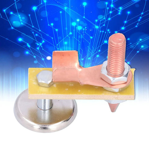 Heavy Duty Magnetic Welding Support With Strong Copper Tail Clamp Grounding Tool For Mechanical Repair And Metal Fixtures Featuring Easy Grip Screw Design close-up view of copper tail clamp and magnet on a yellow insulating board