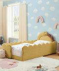 3D Dino Headboard Kids Bed With Safety Guardrails, Double Size, in a cozy children's room with cloud wallpaper