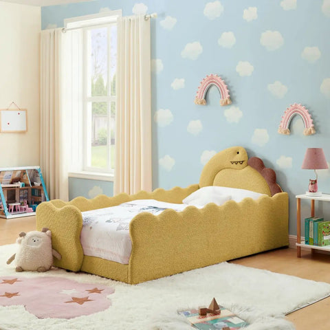 3D Dino Headboard Kids Bed With Safety Guardrails, Double Size, in a cozy children's room with cloud wallpaper